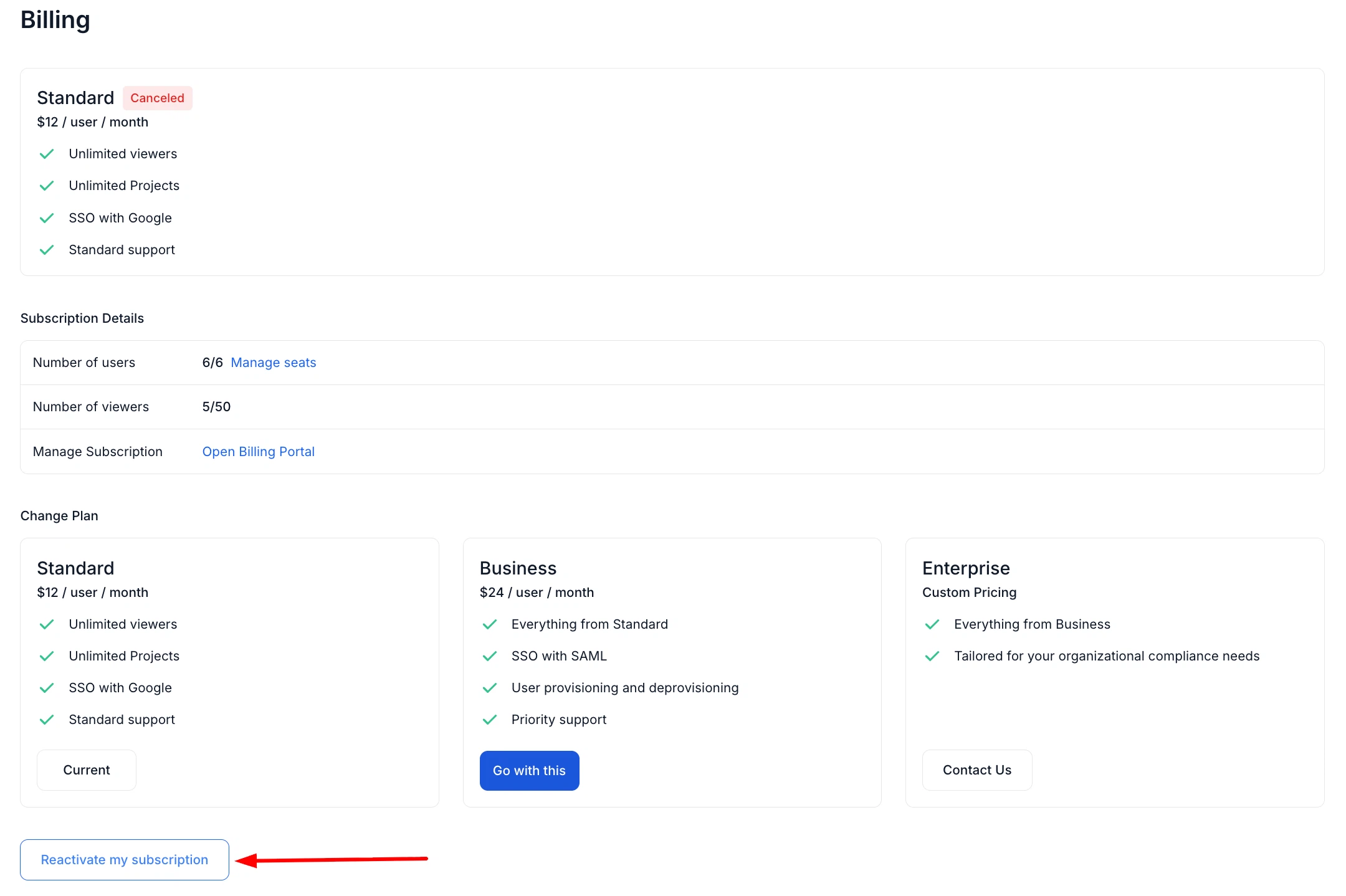 Reactivate canceled subscription from the Billing page