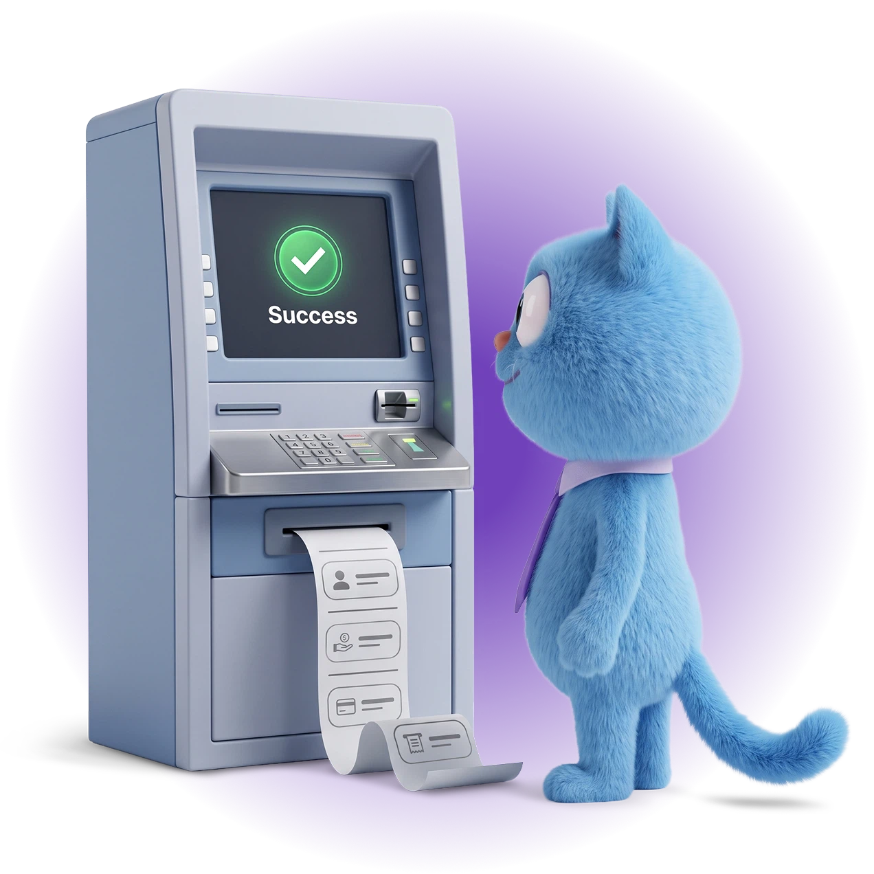 Cat at an ATM, testing a payment flow