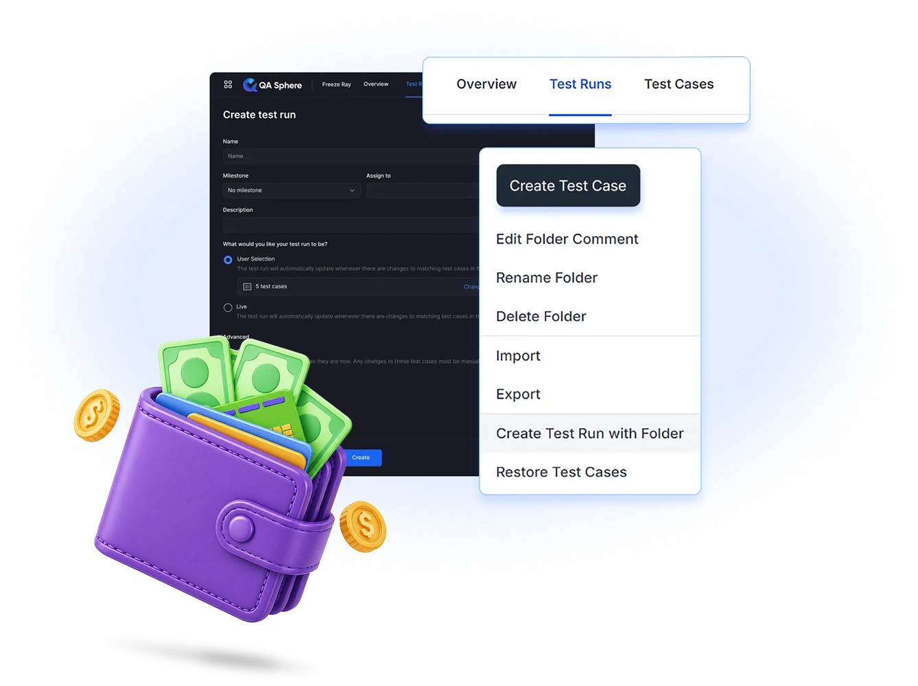 Create test run dialog with a live, self-updating case selection