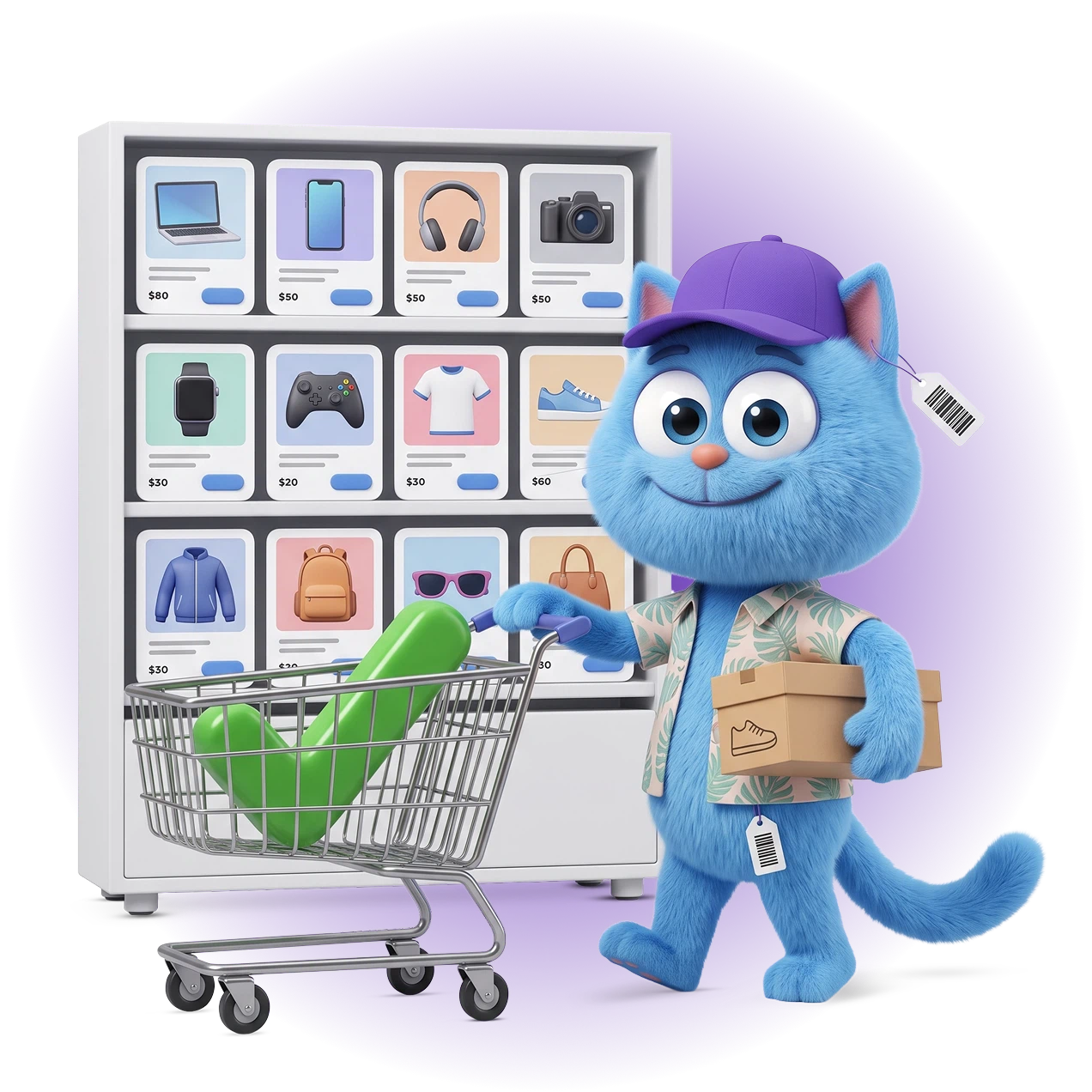 Cat pushing a shopping trolley with a green pass check in it, in front of a product catalogue