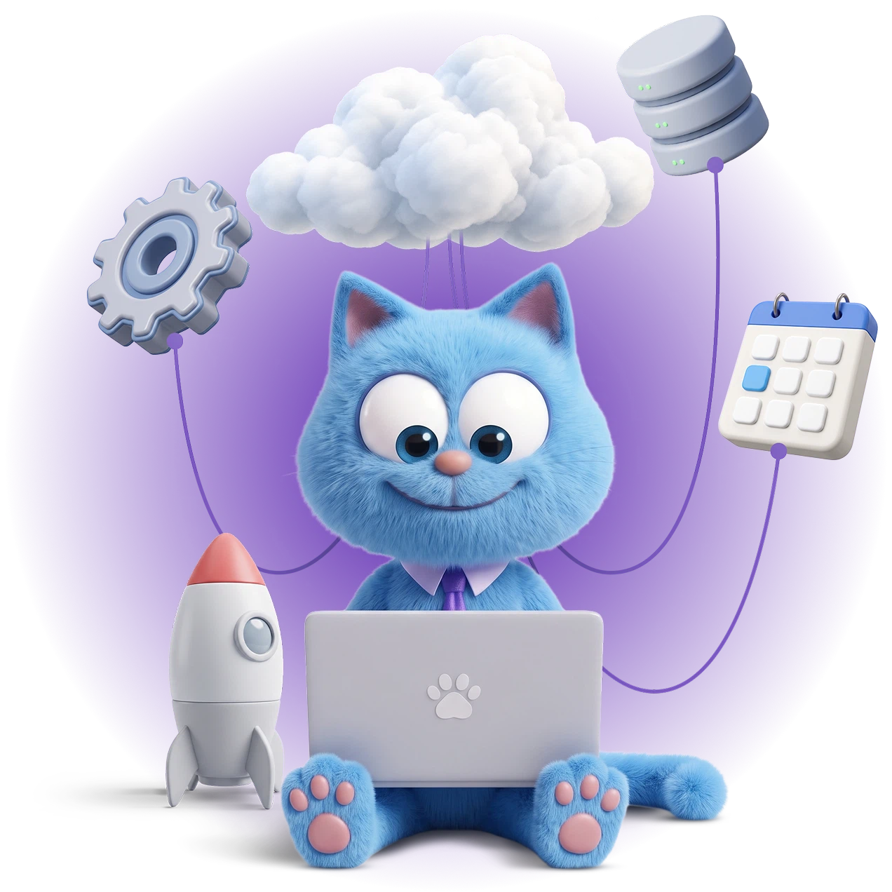 Cat in a shirt and tie at a laptop, connected to a cloud, a database, a gear and a calendar, with a rocket beside it