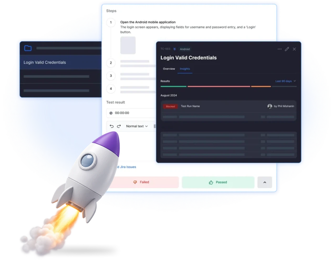 Login test case with its steps, result and a 90-day history of runs, beside a rocket lifting off