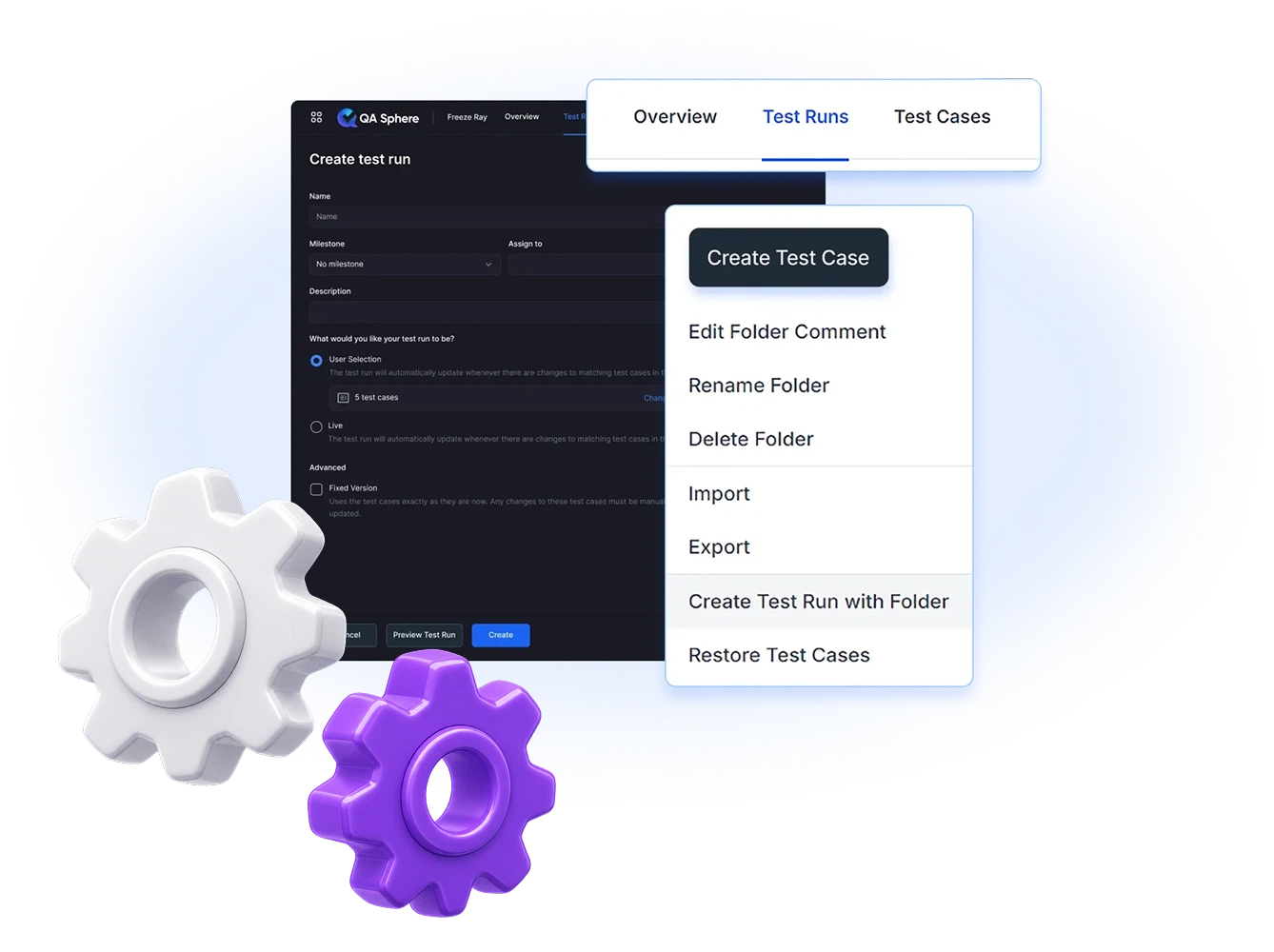 Create test run dialog beside the folder menu with Create Test Run with Folder, in front of two gears