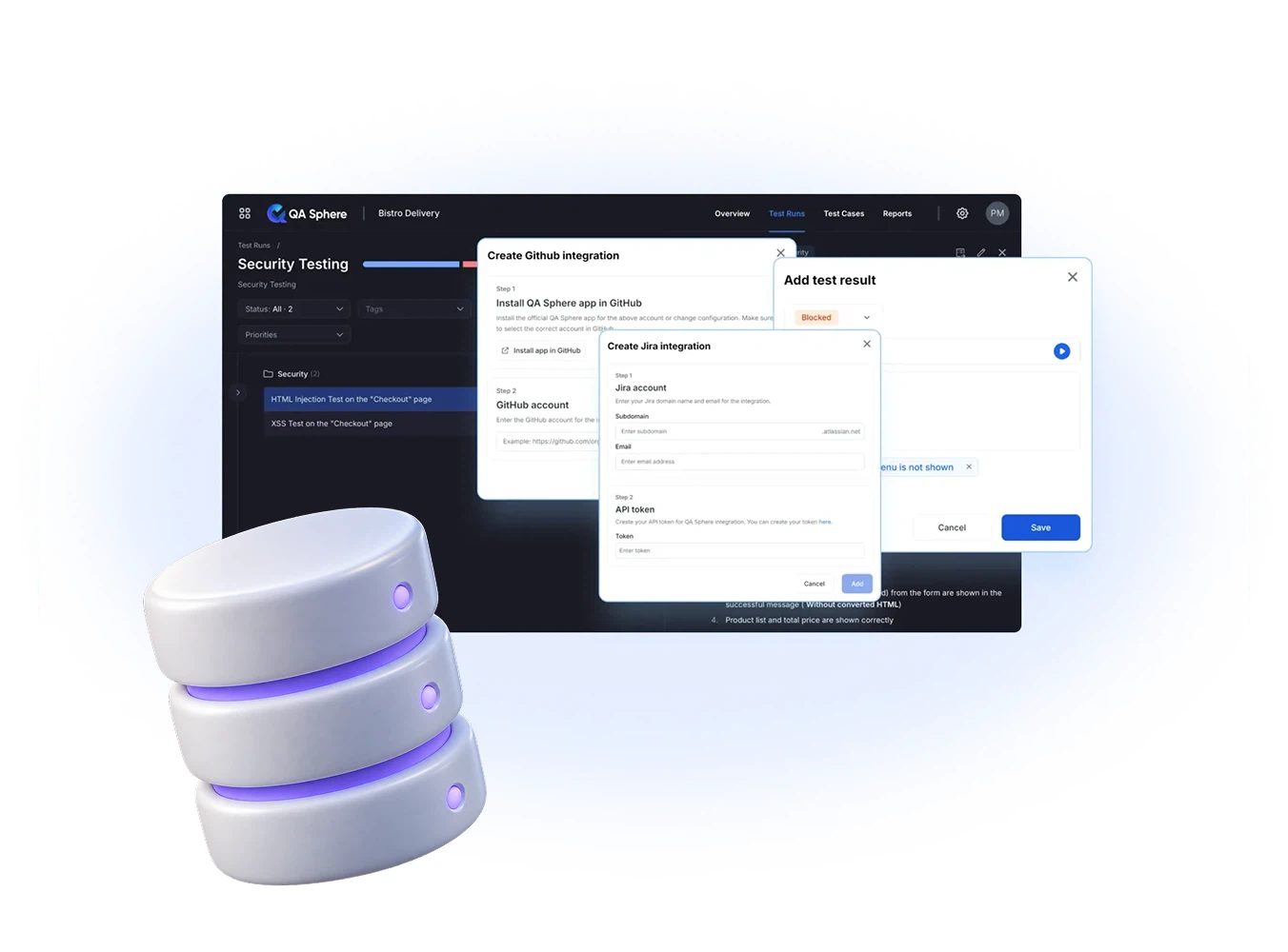 Security Testing run with the GitHub and Jira integration dialogs and an Add test result panel, in front of a stacked database